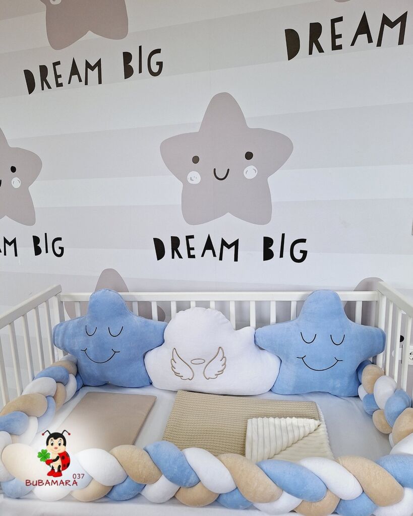 Bubamara037 Set za krevetac sa ogradicom od pletenica, 120x60cm, Bež-plavi
