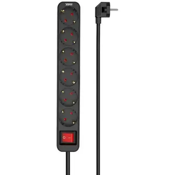 MAX produžni kabel s prekidačem, MPS-106SB-3M, 6 utičnica 3 m, crni
