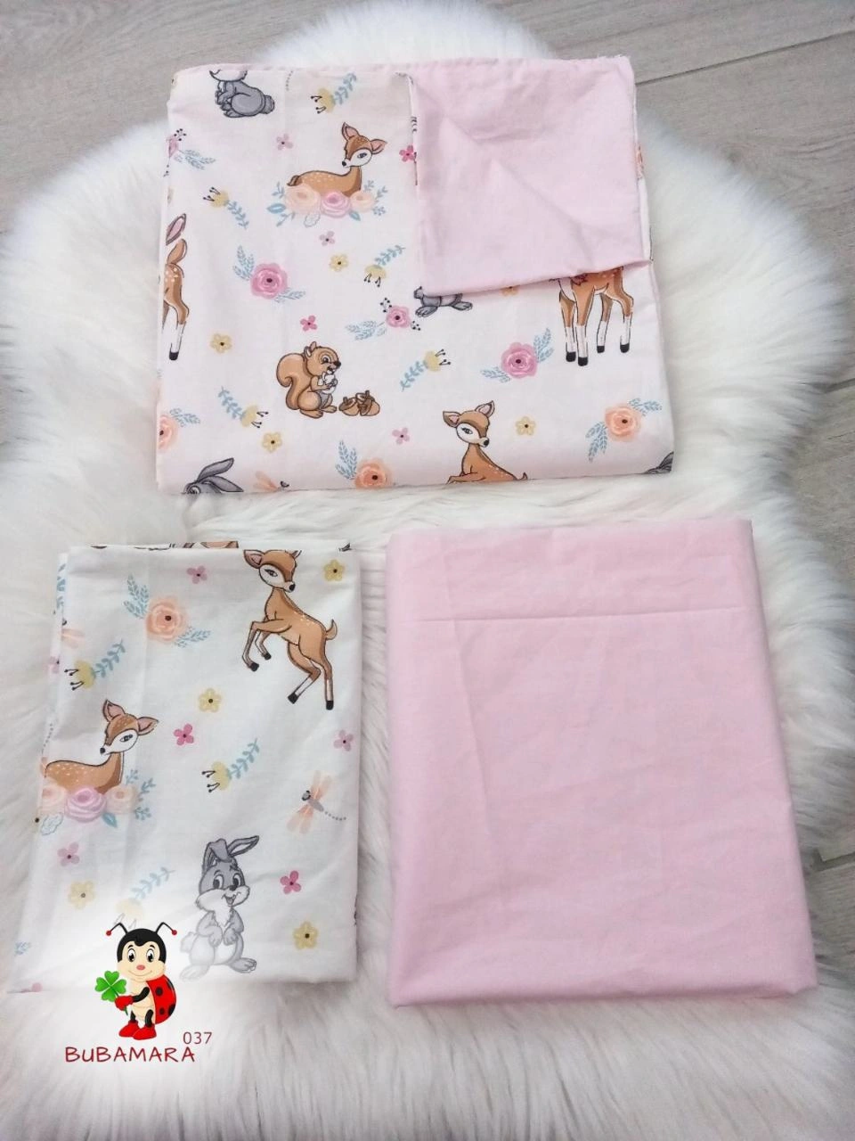Bubamara037 Dečija posteljina Bambi, sa lastišom, Belo-Roze