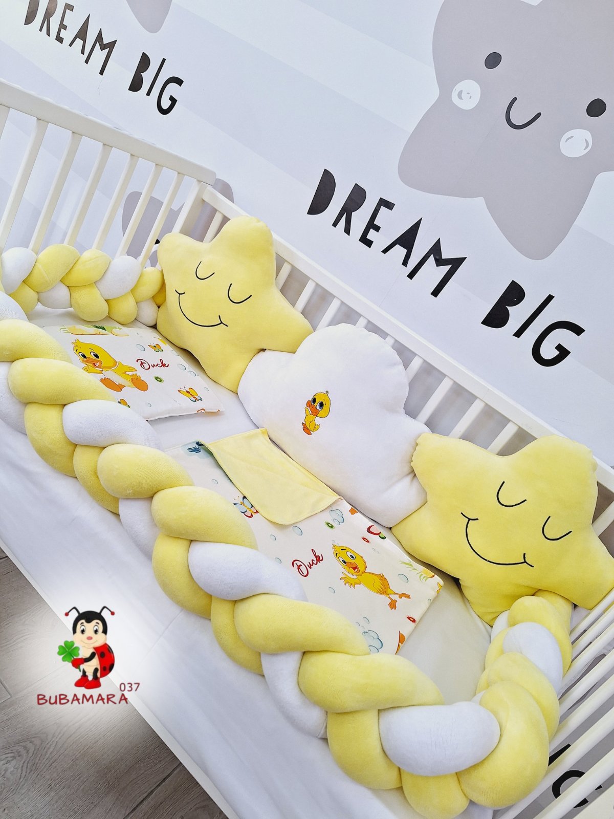 Bubamara037 Set za krevetac sa ogradom od pletenica, Bez lastiša, Žuto-beli