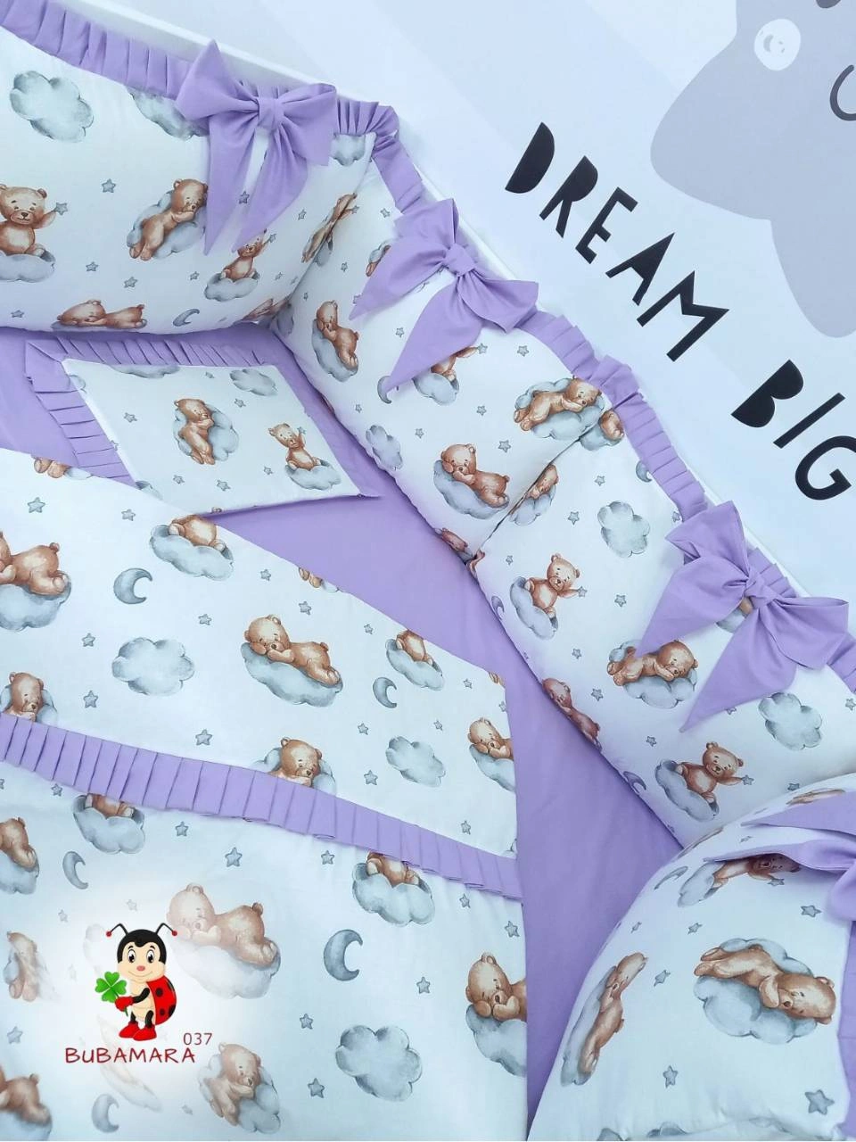 Bubamara037 Set za krevetac sa ogradicom od jastuka sa karnerom, bez lastiša, Ljubičasto-Beli