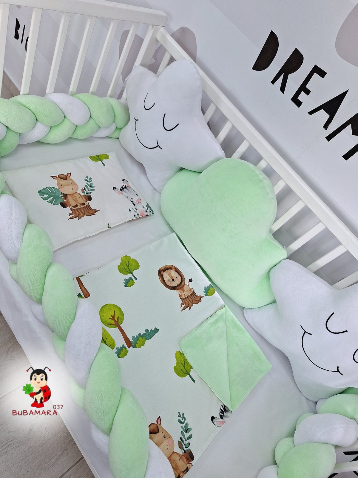 Bubamara037 Set za krevetac sa ogradom od pletenica, Bez lastiša, Zeleno-bela