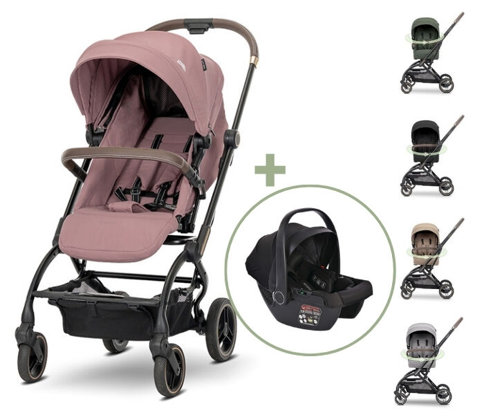 Lorelli Set kolica za bebe Makaya sa rotacionim sedištem 360° i auto sedište, 22 kg, Roze