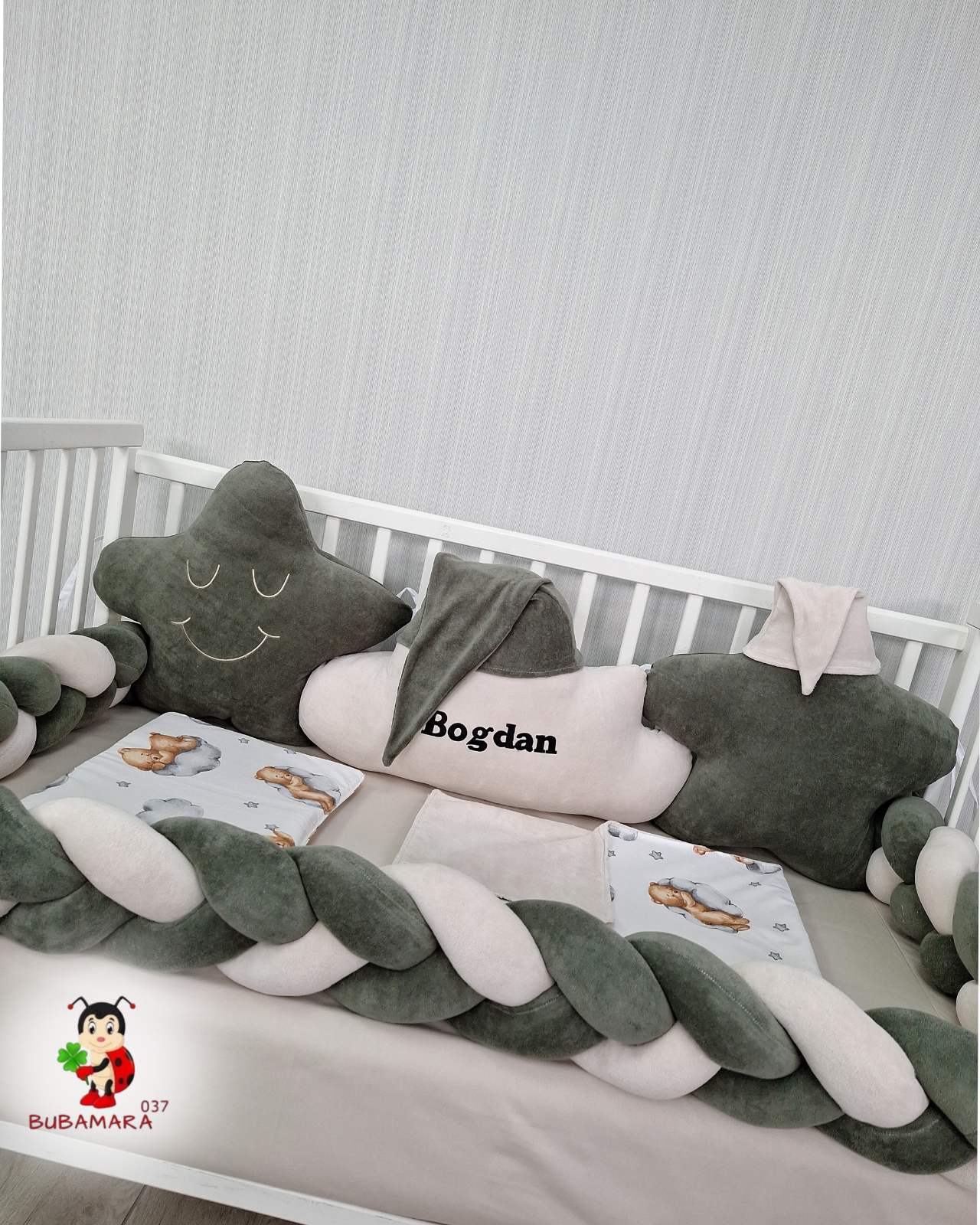 Bubamara037 Set za krevetac sa ogradicom od pletenica, sa lastišom, Krem-Sivi