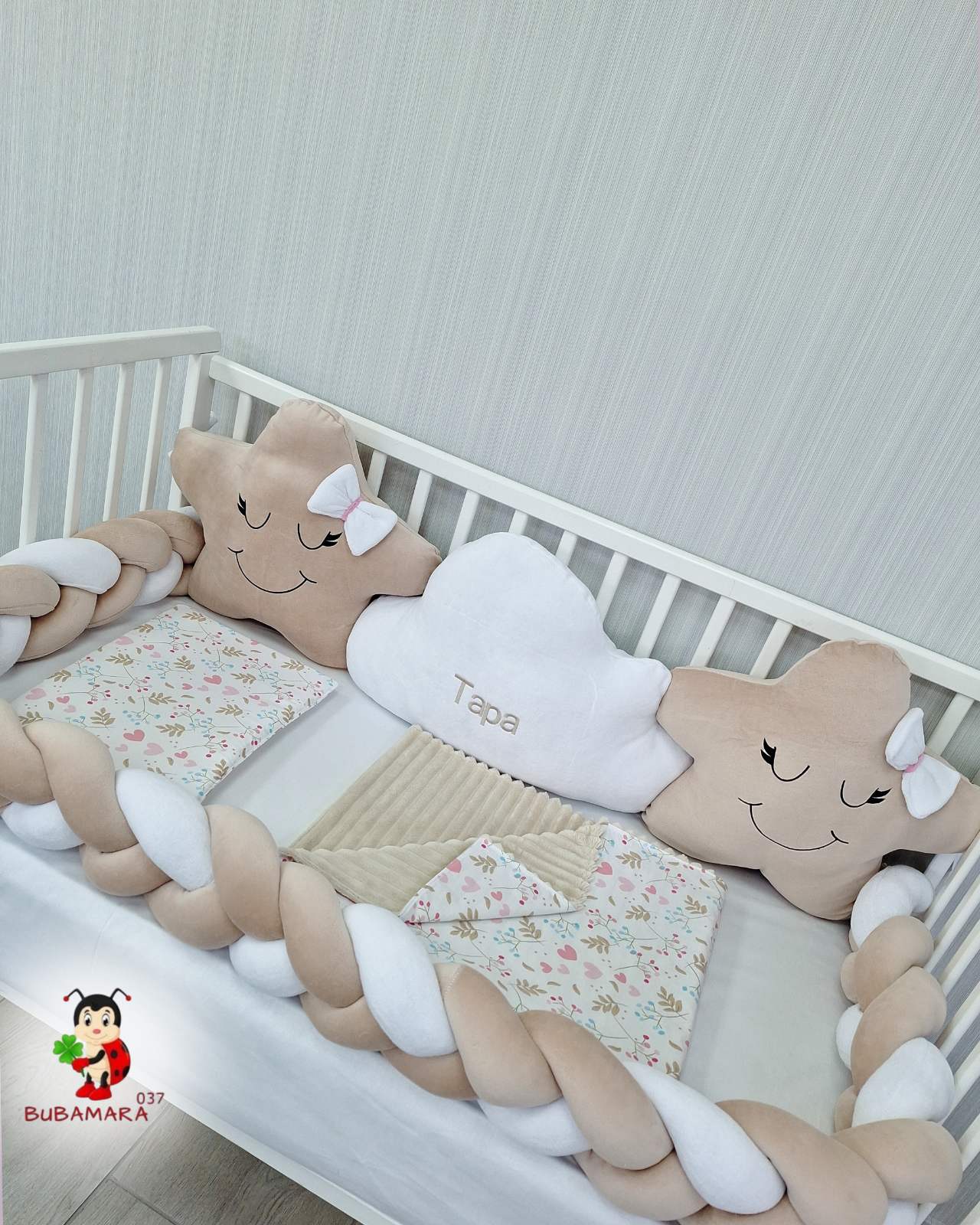 Bubamara037 Set za krevetac sa ogradicom od pletenica, bez lastiša, Belo-Roze