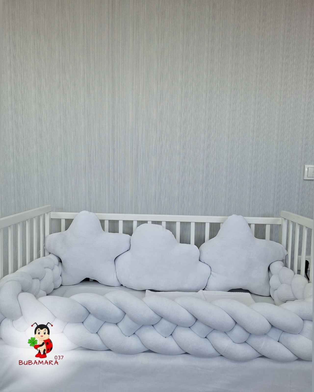 Bubamara037 Set za krevetac sa ogradicom od pletenica, sa lastišom, Beli