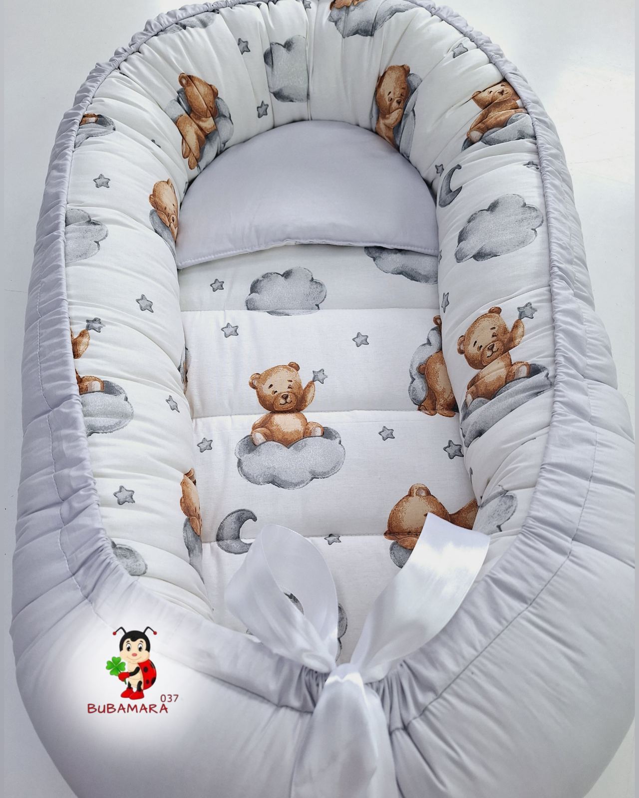 Bubamara037 Gnezdo za bebe Medvedić, Sivo-Belo