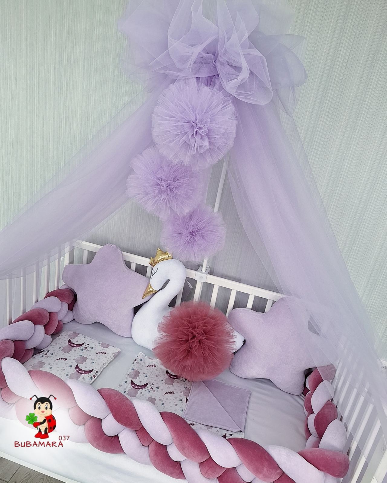 Bubamara037 Set za krevetac sa ogradicom od pletenica, sa držačem, Lavanda