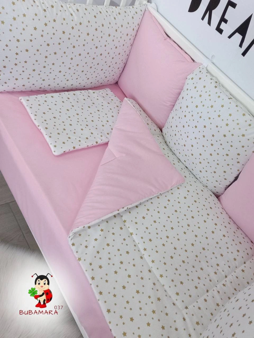 Bubamara037 Set za krevetac sa ogradicom od jastuka, Roze