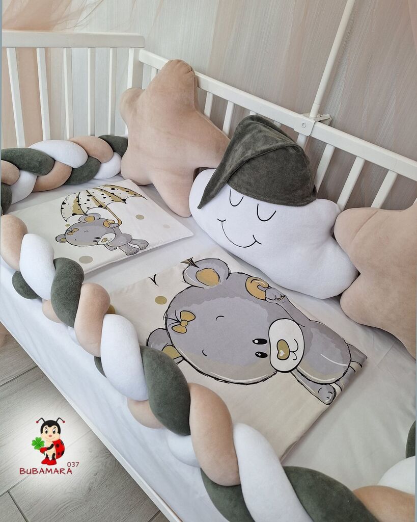 Bubamara037 Set za krevetac sa ogradicom od pletenica, 120x60cm, Krem-sivi