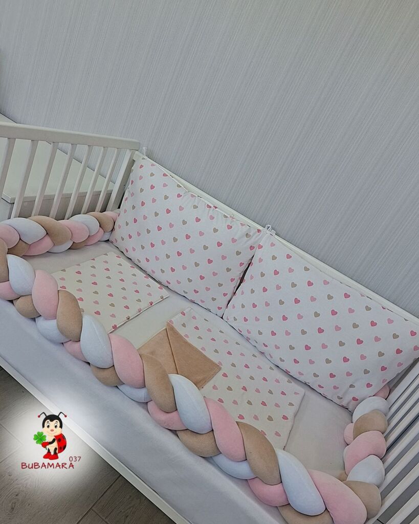 Bubamara037 Set za krevetac sa ogradicom od pletenica, 120x60cm, Belo-bež