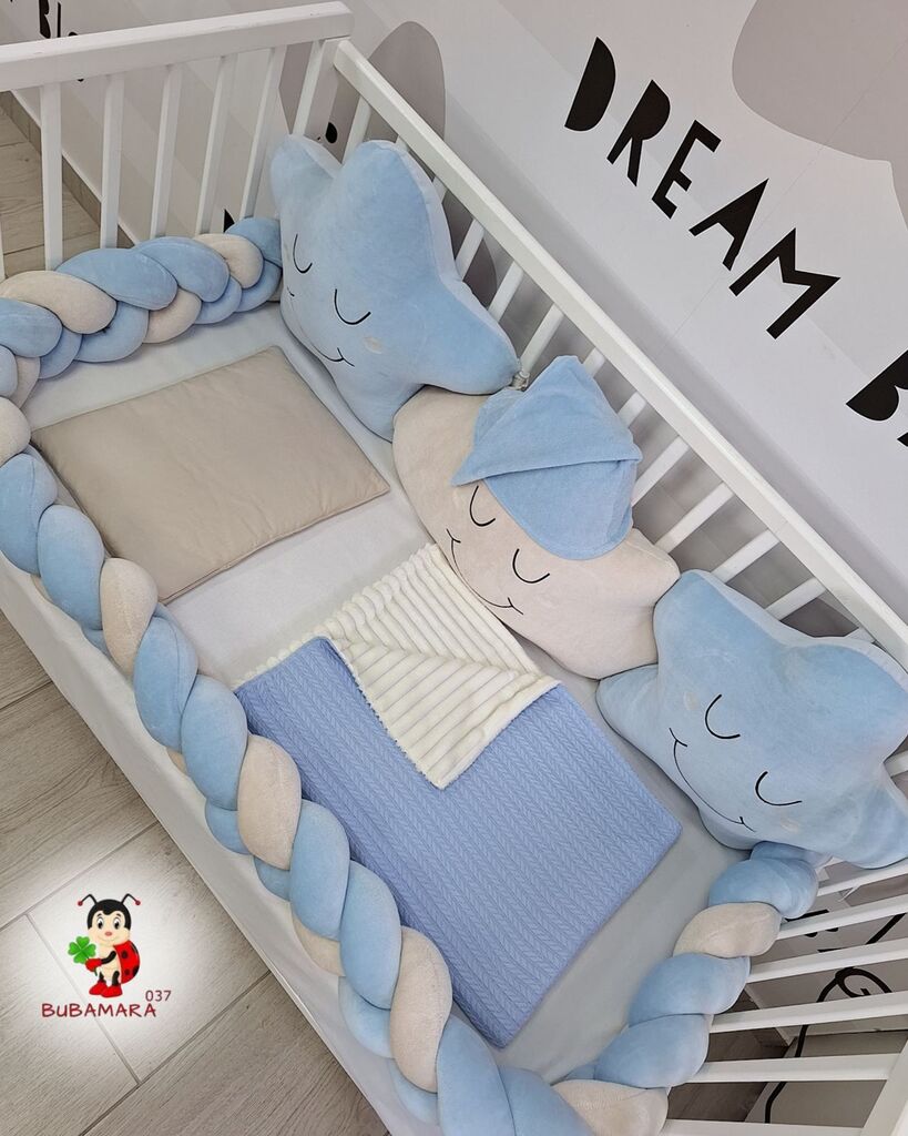 Bubamara037 Set za krevetac sa ogradicom od pletenica, 120x60cm, Plavi