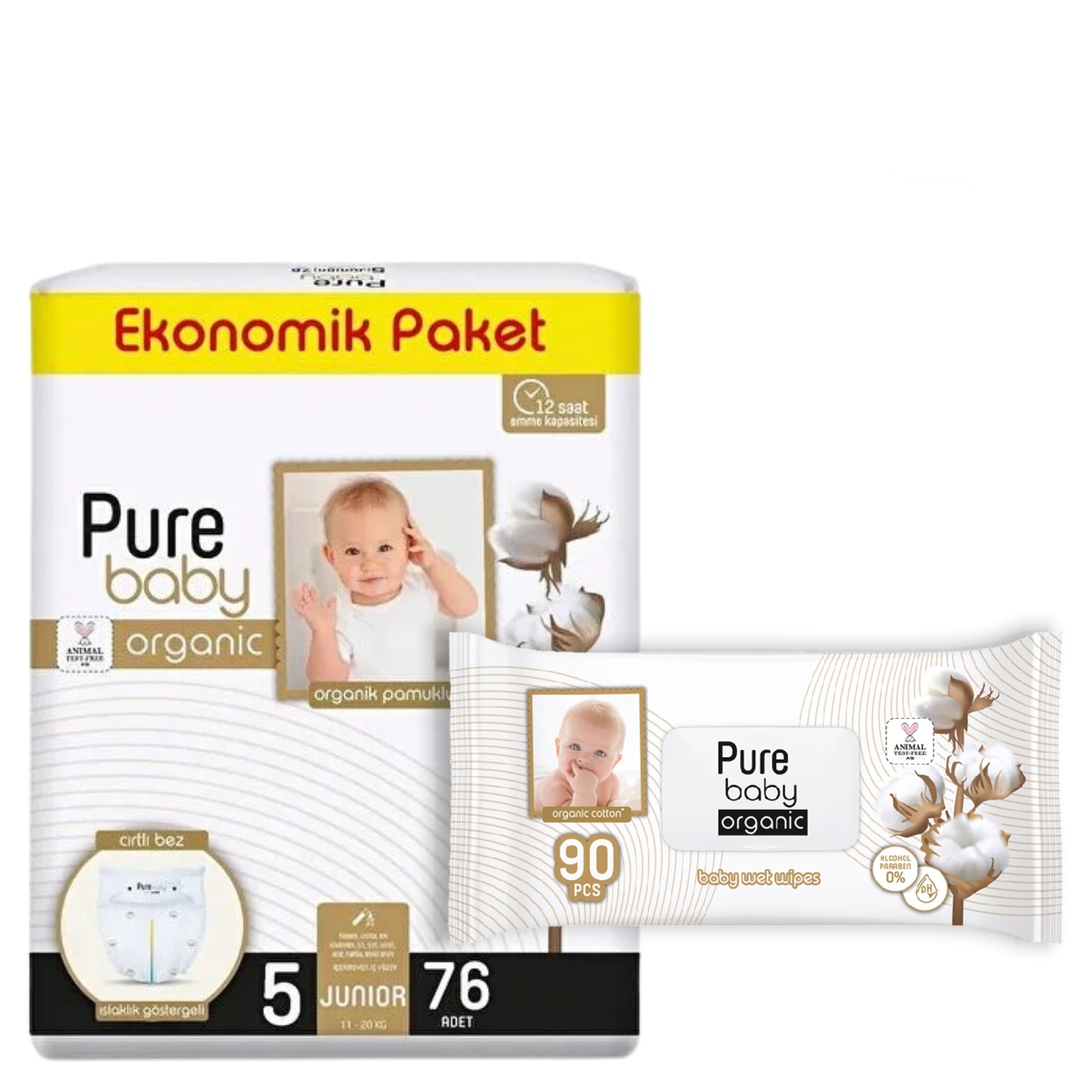 Pure Baby Pelene Organic Cotton 5, 76/1 + Vlažne maramice 90/1