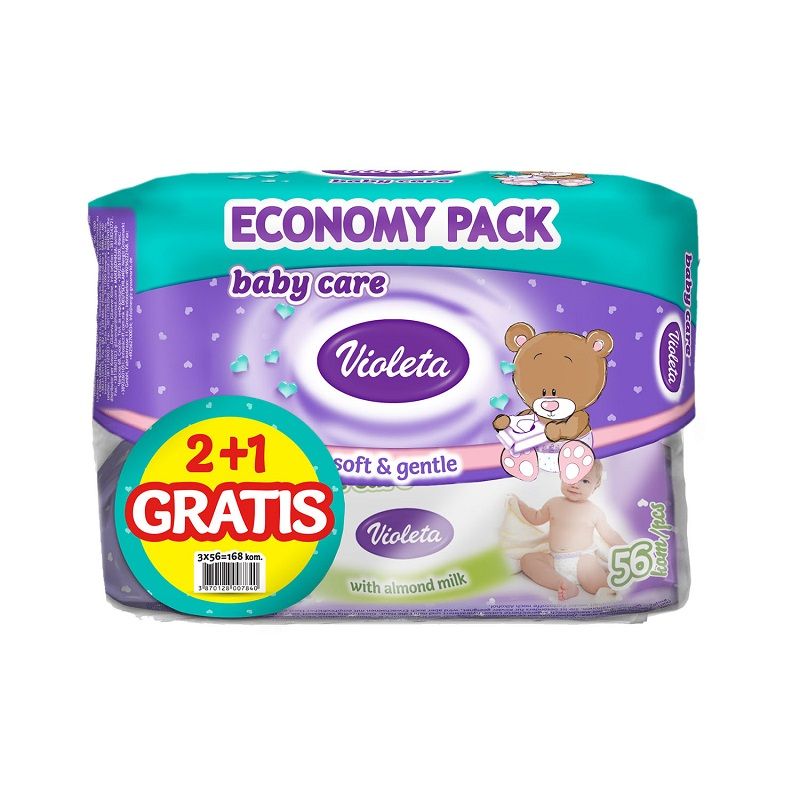 Violeta Vlažne maramice Baby 56, s organskim bademovim mlijekom, 2 + 1 Gratis