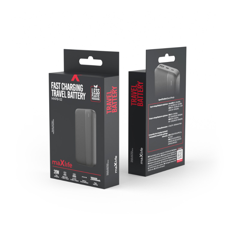 Maxlife Power bank MXPB-02, PD QC 20W 20000 mAh, Crna