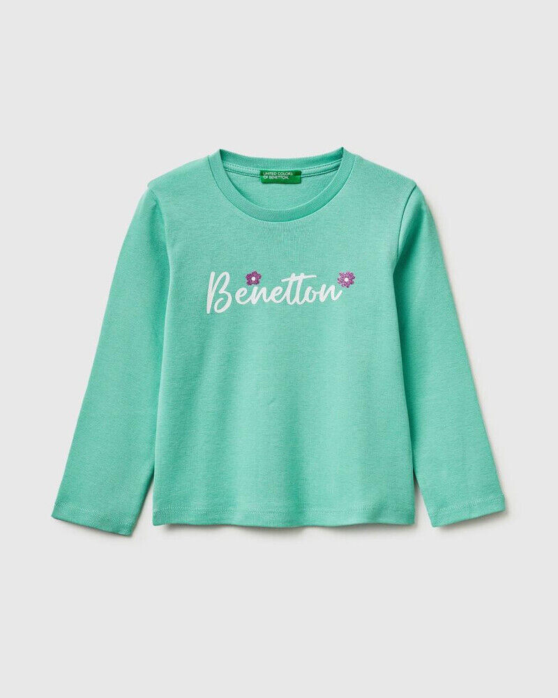 Benetton Majica za bebe od organskog pamuka sa svjetlucavim logotipom 3I9WG10LTP-13D-82, Tirkizna