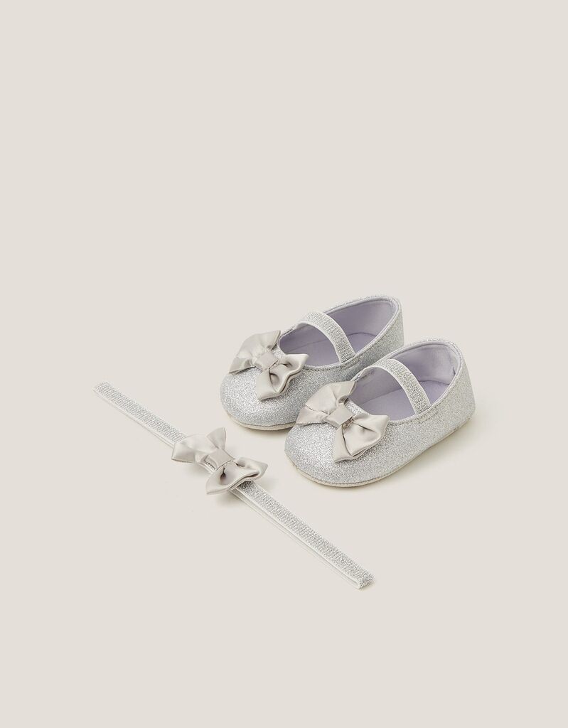 Monsoon Set za bebe cipelice i traka za kosu, Srebrne boje