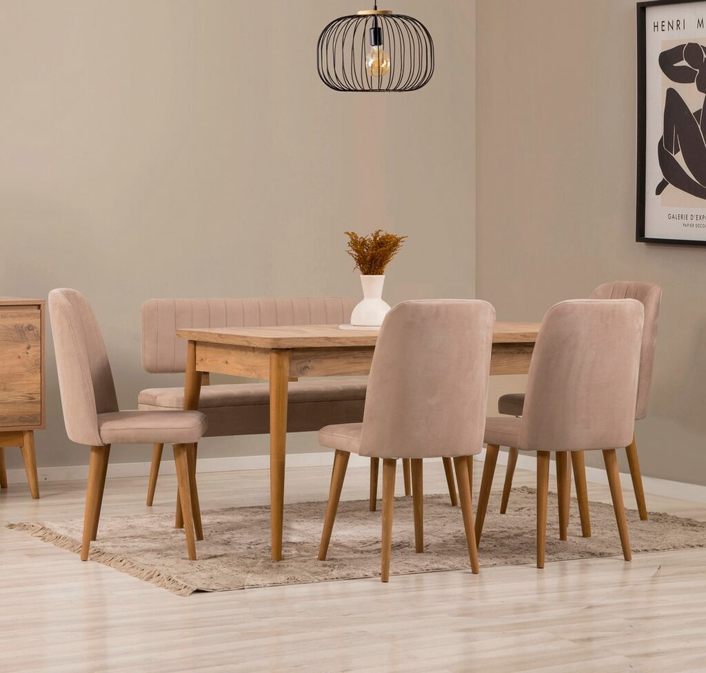 Hanah Home Set trpezarijski sto, 4 trpezarijske stolice i klupa, boja vina i bež