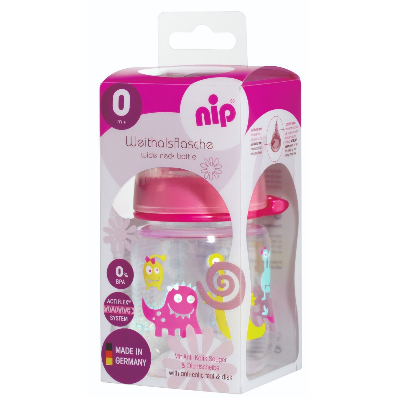 NIP Flašica za bebe sa širokim otvorom za devojčice, 150ml,  Silikonska cucla, 0m+