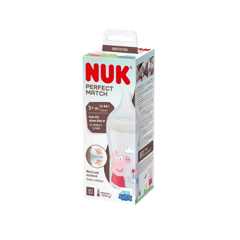 Nuk Flašica za bebe Perfect Match Peppa Pig, Sa indikatorom temperature, 3m+, 260 ml, Bela