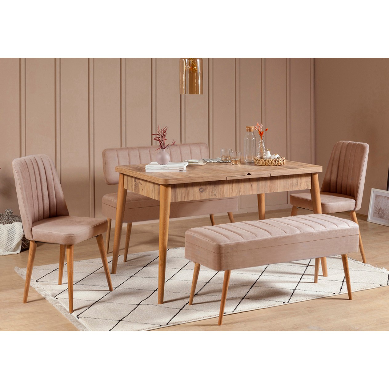Hanah Home Set trpezarijski sto, 2 trpezarijske stolice i 2 klupe Vina 0900, Bijelo-Bež