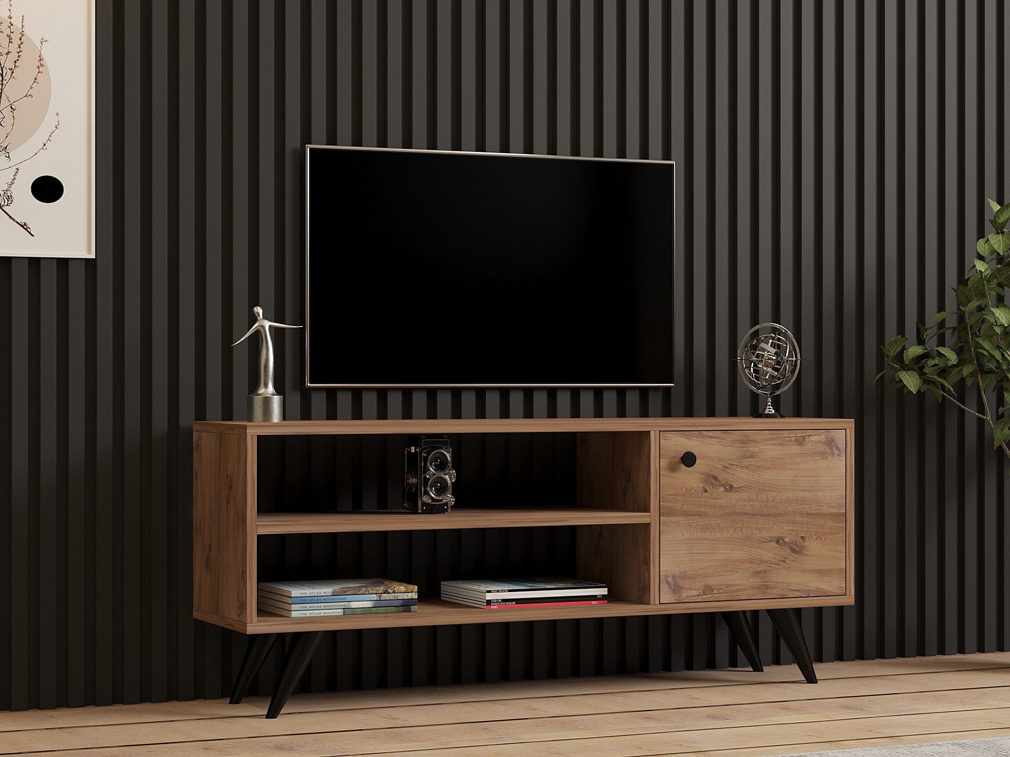 Porta TV moderno, finitura bianco opaco con top quercia, 2 ante e una