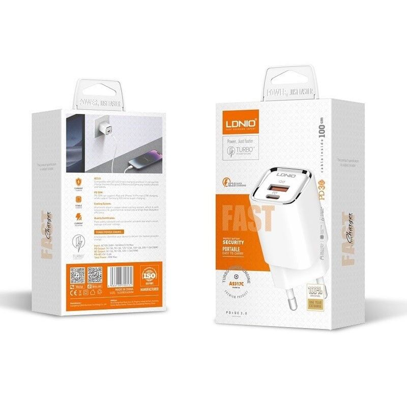 Ldino Kućni punjač A2317C PD, Bijeli + USB-C na Lightning kabl, QC 3.0, 30W, Bijeli