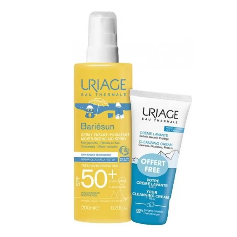Uriage Set za negu dečije kože, Dečiji sprej za zaštitu od sunca Bariesun, SPF50+, 200 ml + Krema za kupanje Lavante, 50 ml, 1+1 komad
