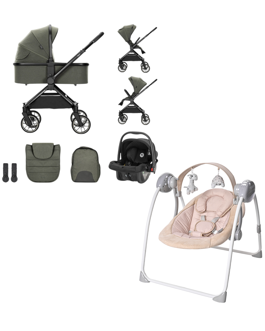 Lorelli Kolica za bebe 3u1 Reya, Maslinasta + Ljuljaška za bebe Portofino, Roze