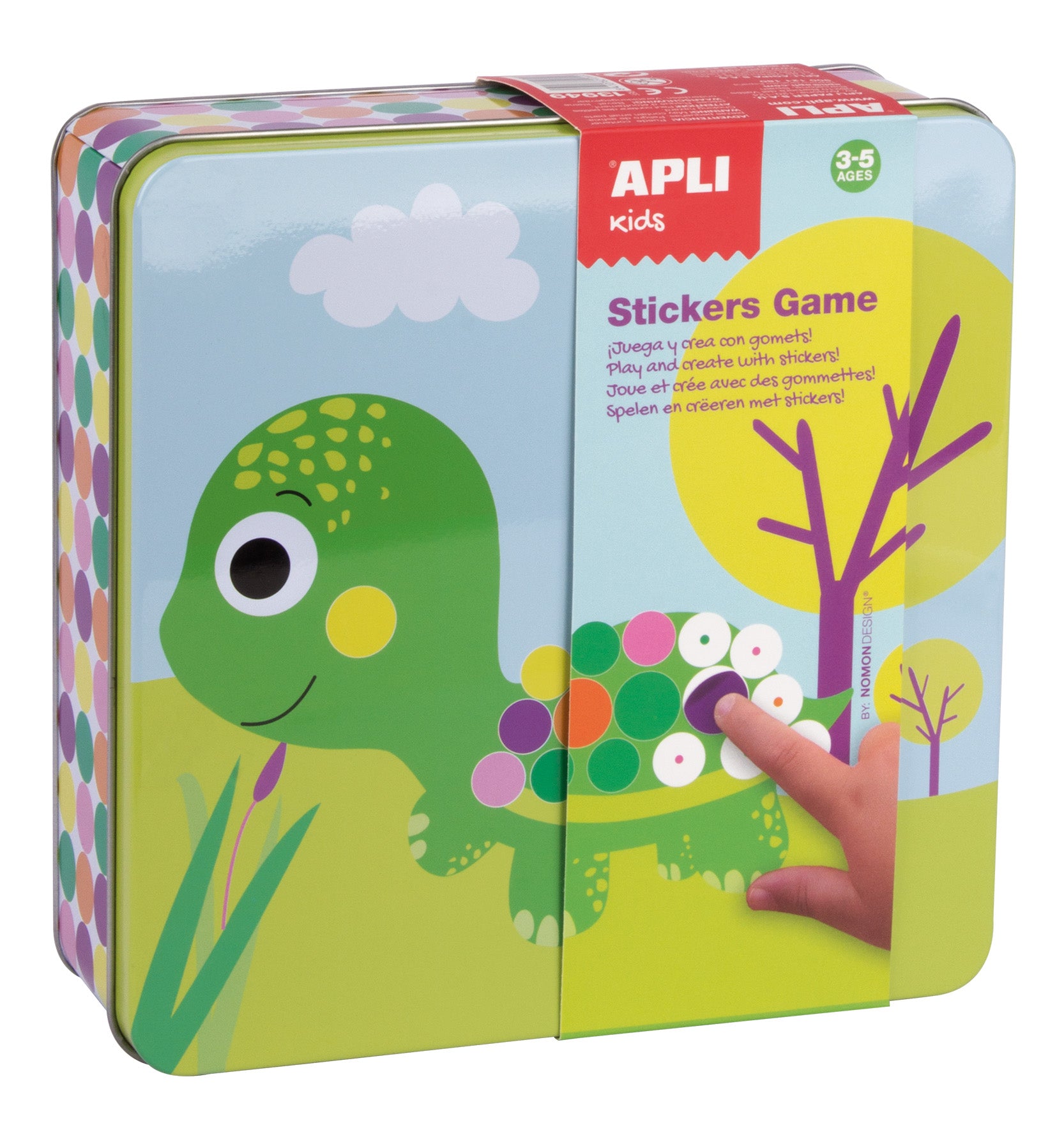Juego educativo de pegatinas APLI Kids con caja metálica y diseño de dinosaurio