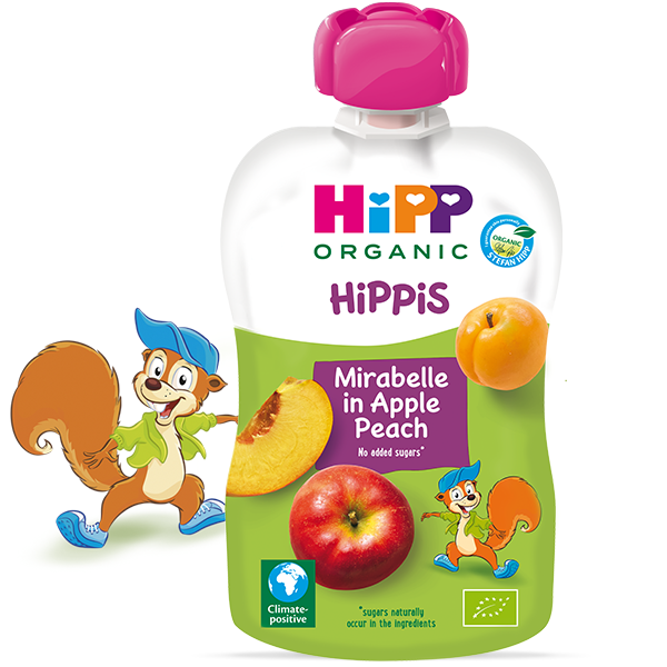 HIPP Hippis Voćni pire za decu Jabuka sa Mirabel šljivom i breskvom 12M+, 100g