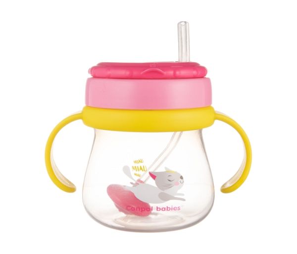 Canpol Babies Šolja za bebe sa slamčicom Cat, 250ml, Žuto-roze