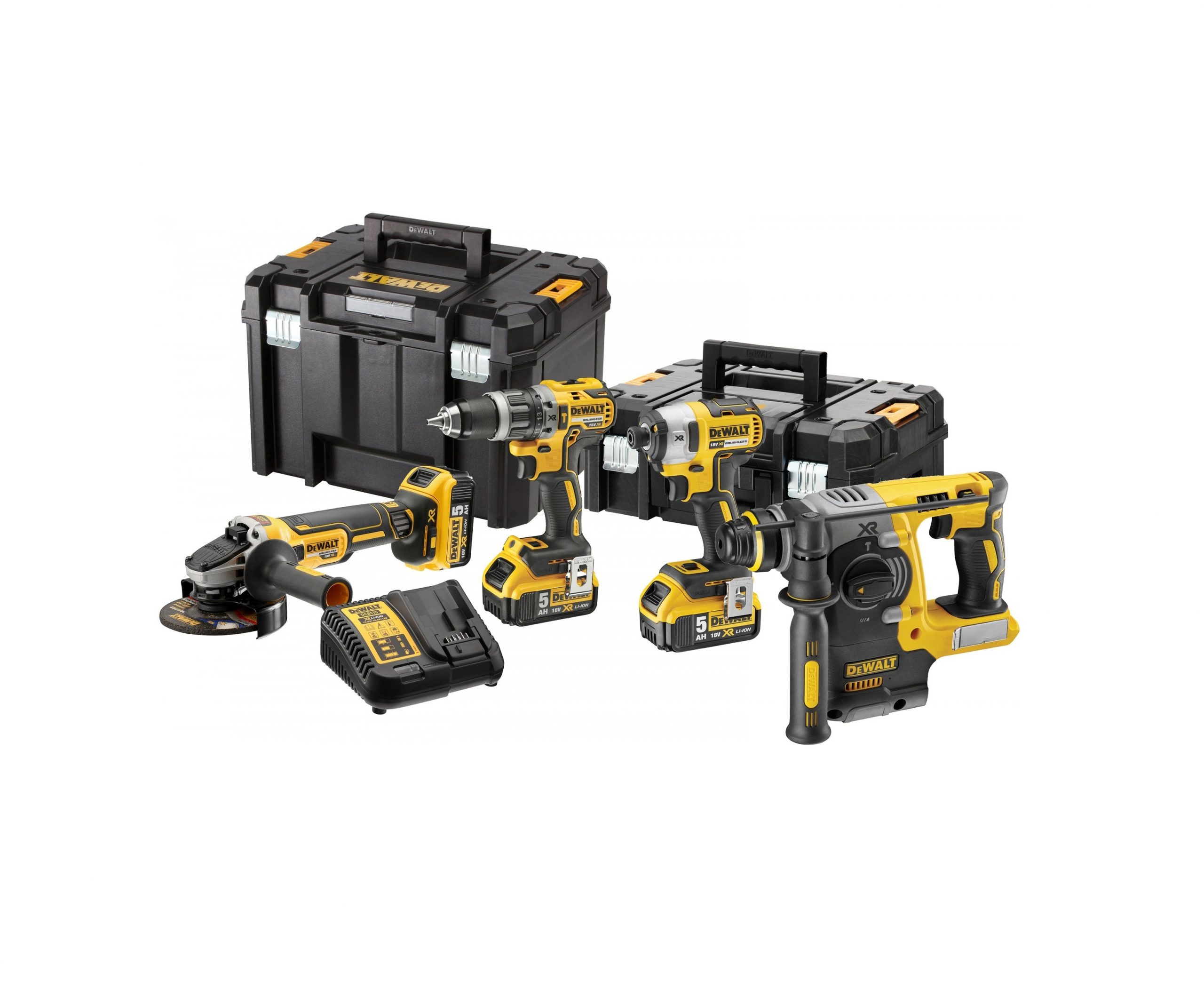 DEWALT set od 4 alata, 18V 3x5Ah baterije, punjač i 2 TSTAK kofera