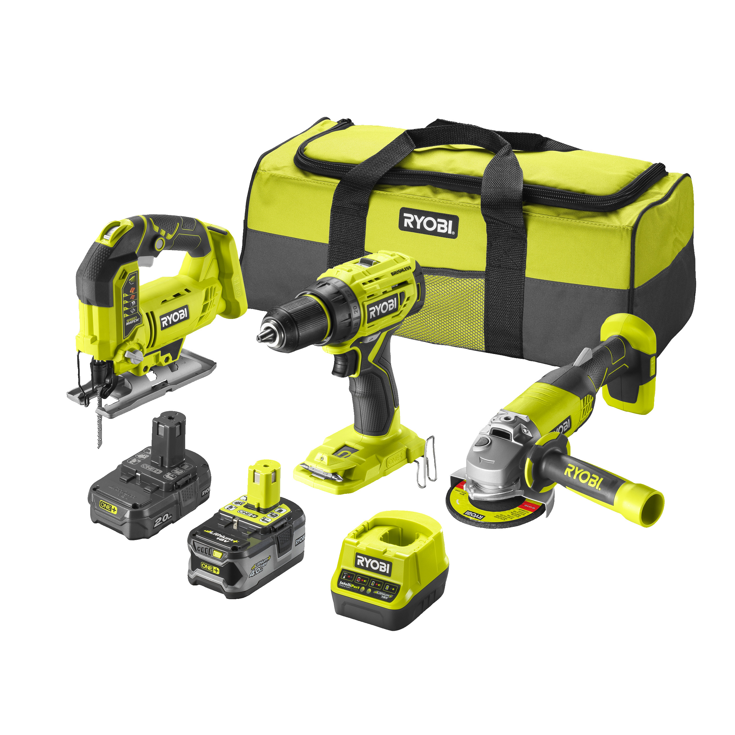 Ryobi Aku Set Bušilica-Odvijač, Ubodna Pila I Ugaona-Kutna Brusilica Ryobi 18V Sa 2 Baterije I Punjačem u Torbi Rck183A-242S