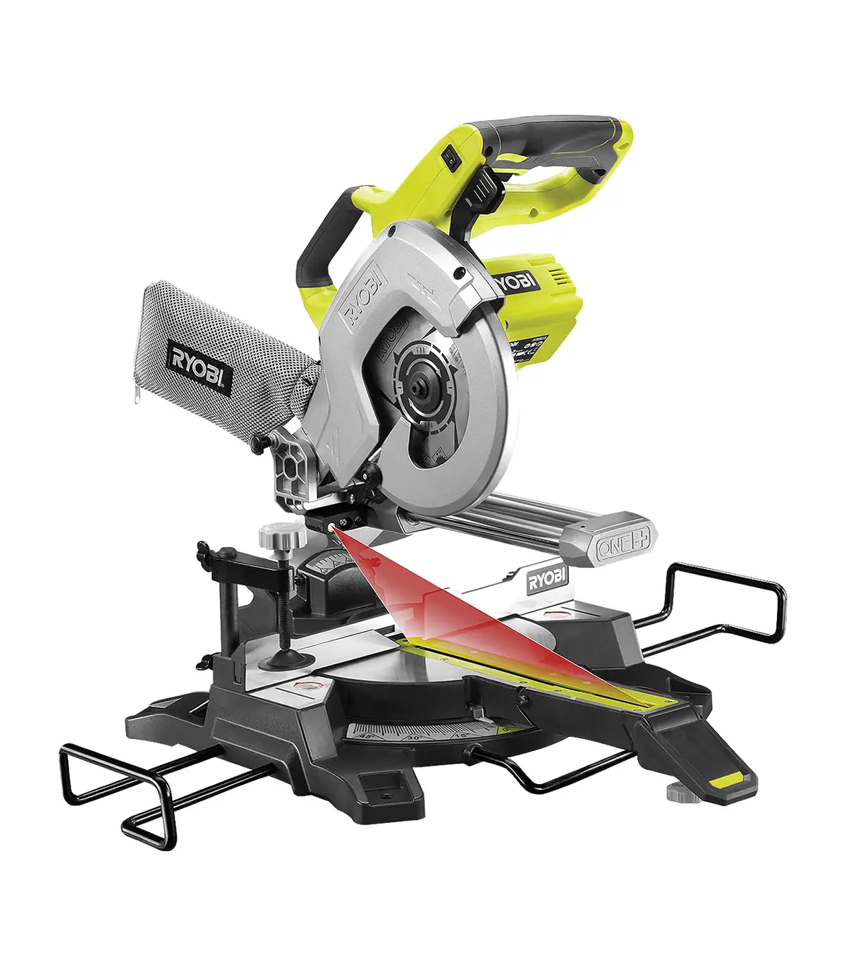 Ryobi akumulatorska potezno-nagibna pila R18MS216-0 - 18V ONE+, list pile 216mm/48z, broj okretaja 3200/min, rad pod kutom do 45⁰ i nagibom do 45⁰, laser za označavanje mjesta reza