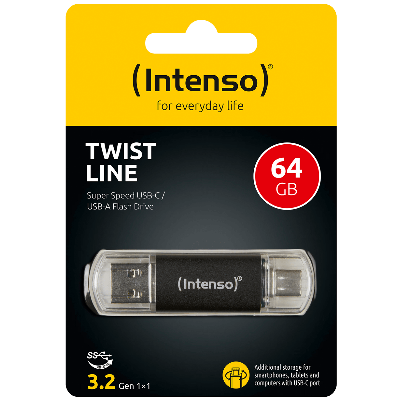 Intenso USB Flash drive 64GB, USB 3.2, USB-C, USB-A, Twist Line - USB3.2-64GB/Twist Line, Crni