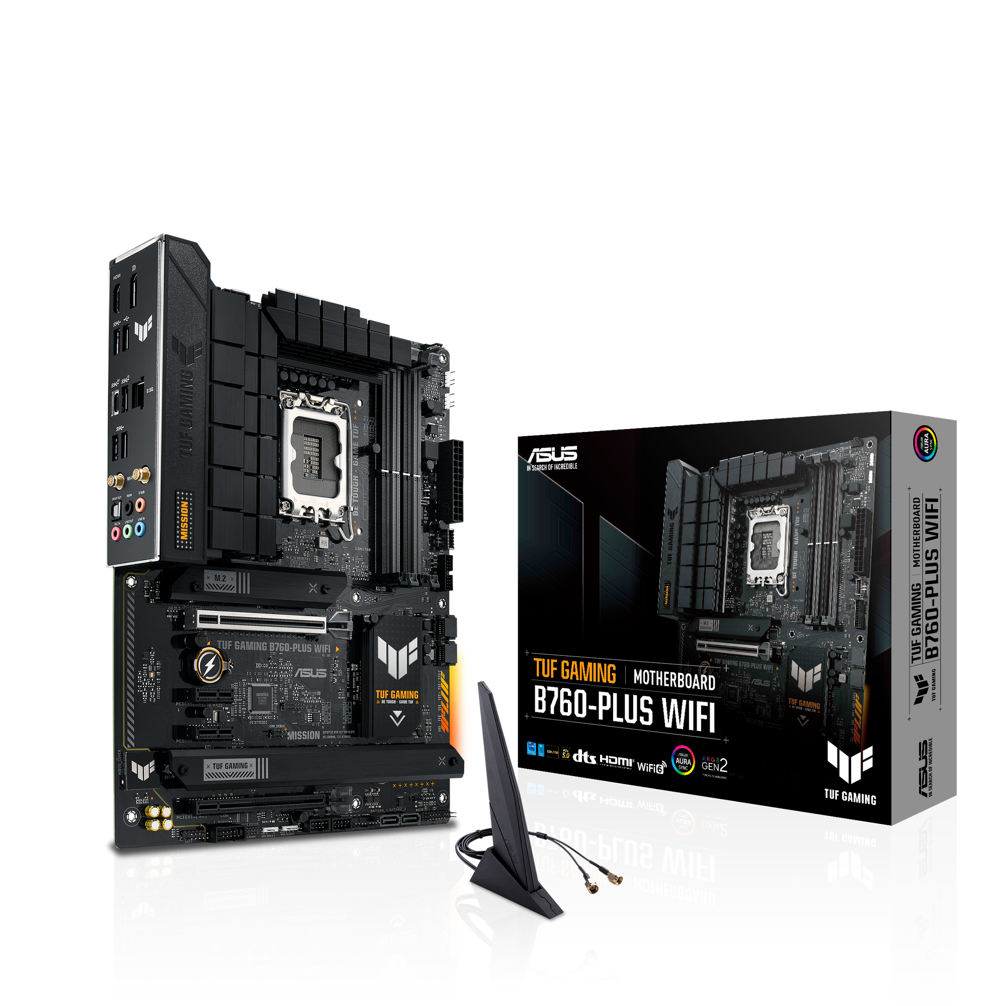 ASUS TUF GAMING B760-PLUS WIFI LGA1700 ATX gaming MB - Intel B760 4xDIMM DDR5 3xM.2 4xSATA PCIe 5.0 2.5Gb Ethernet WiFi 6 + Bluetooth 1xDisplayPort 1xHDMI with Aura Sync support