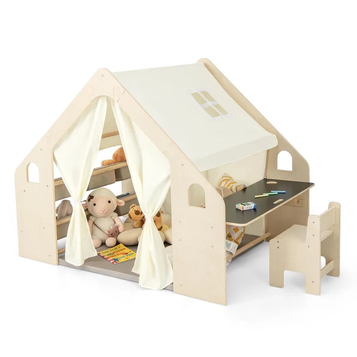 KINDER HOME Dječiji drveni ljetnjikovac 6 u 1 - stolica, sto, tabla, organizator, tenda i mekana podloga