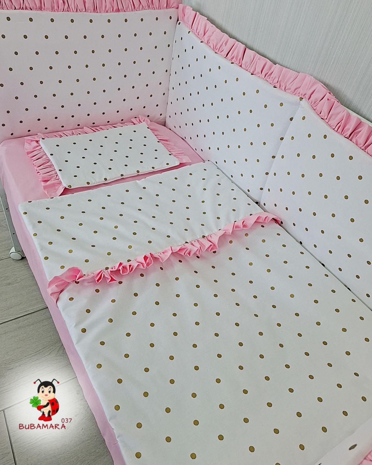 Bubamara037 Set za kreveta sa karnerom, Ravna ogradica, 120x60cm, Belo-roze
