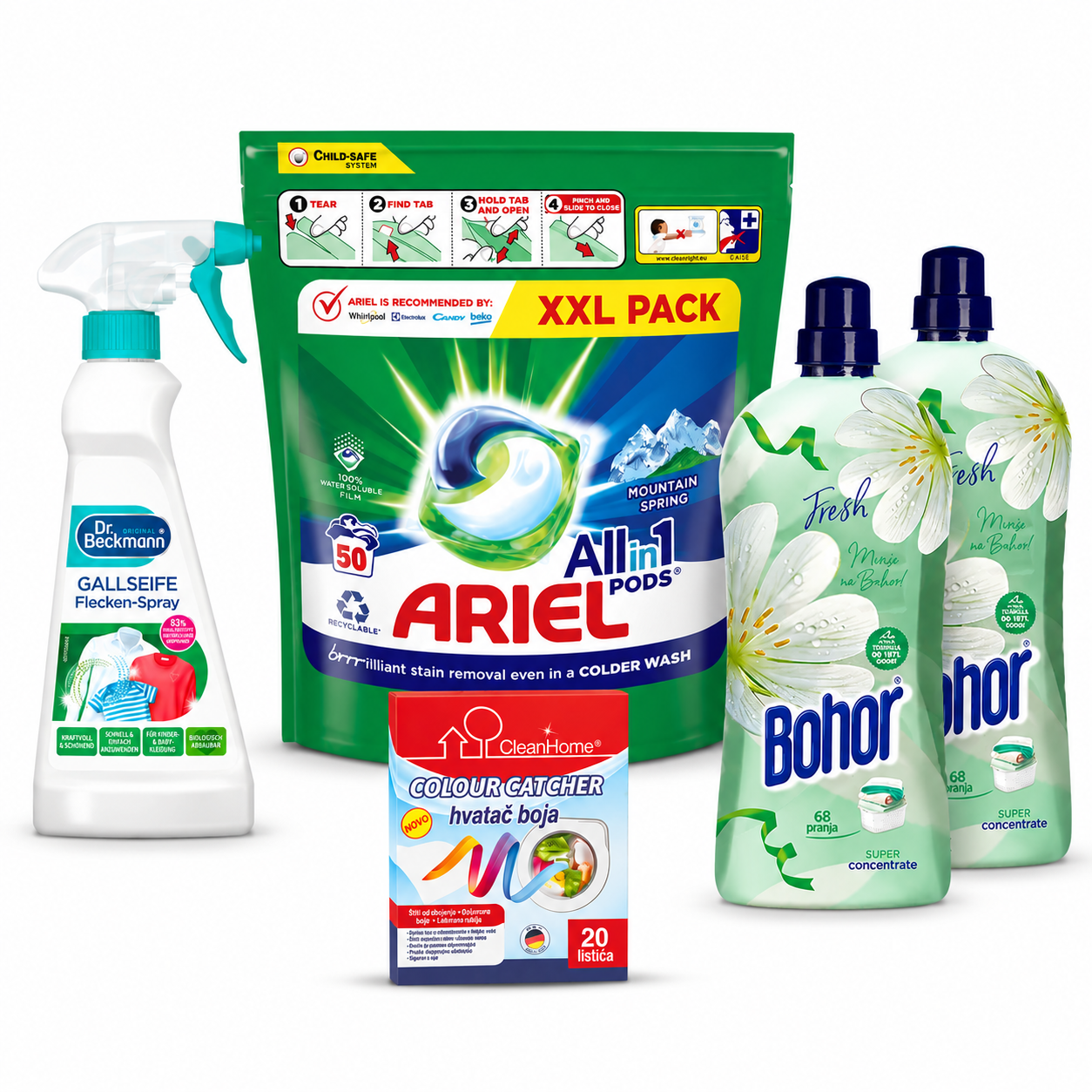 ARIEL kompletan paket za pranje veša 5u1 - 2x omekšivač Bohor Fresh + Dr. Beckmann + Colour Catcher