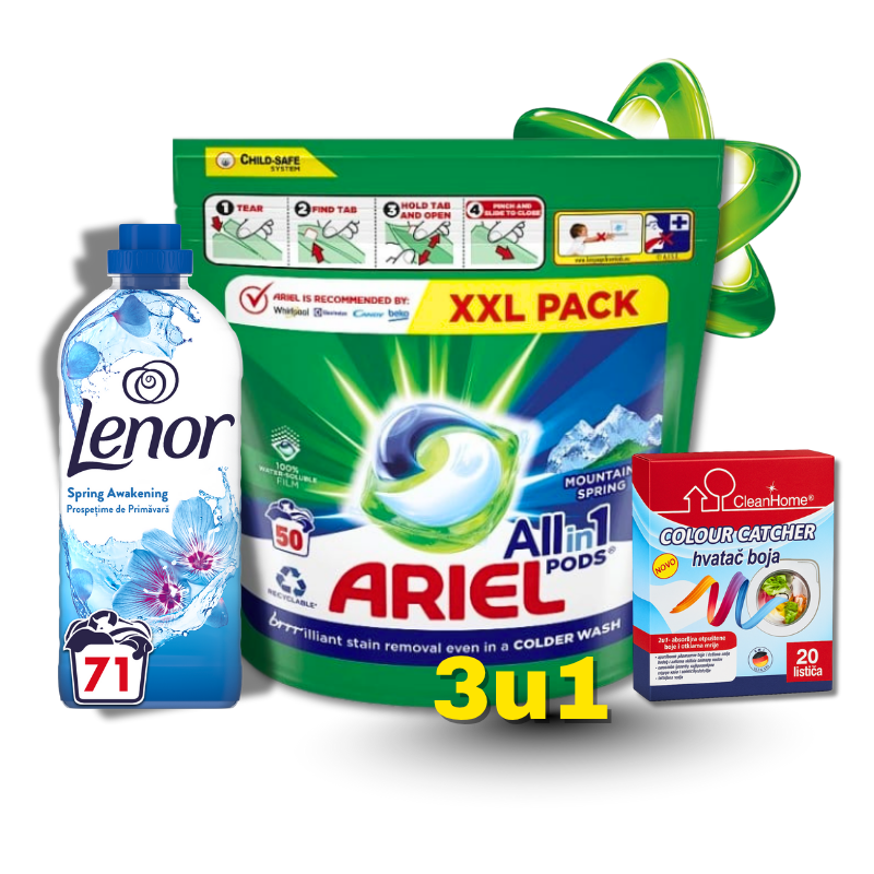 ARIEL 3u1 paket za pranje veša - 50 kapsula + LENOR 71 pranje + Colour Catcher 20 listića