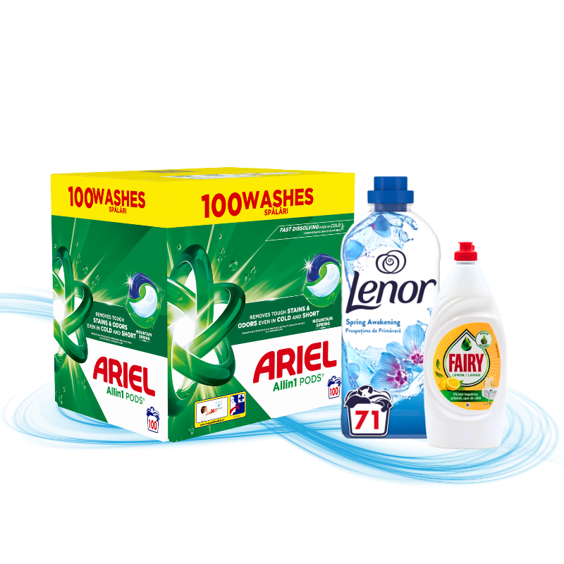 ARIEL & LENOR & FAIRY – set za pranje i njegu veša i posuđa (100 kapsula + 71 pranje + 450 ml)