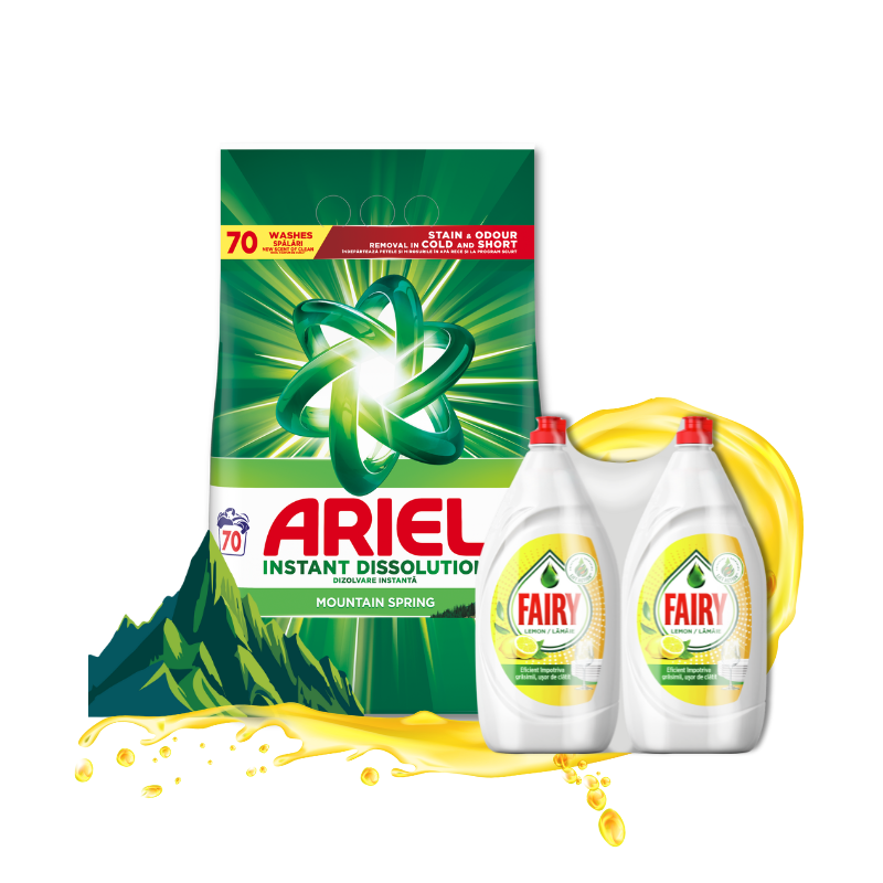 ARIEL Mountain Spring 70 pranja + FAIRY Lemon 2×900 ml – kućni duo set za pranje veša i suđa