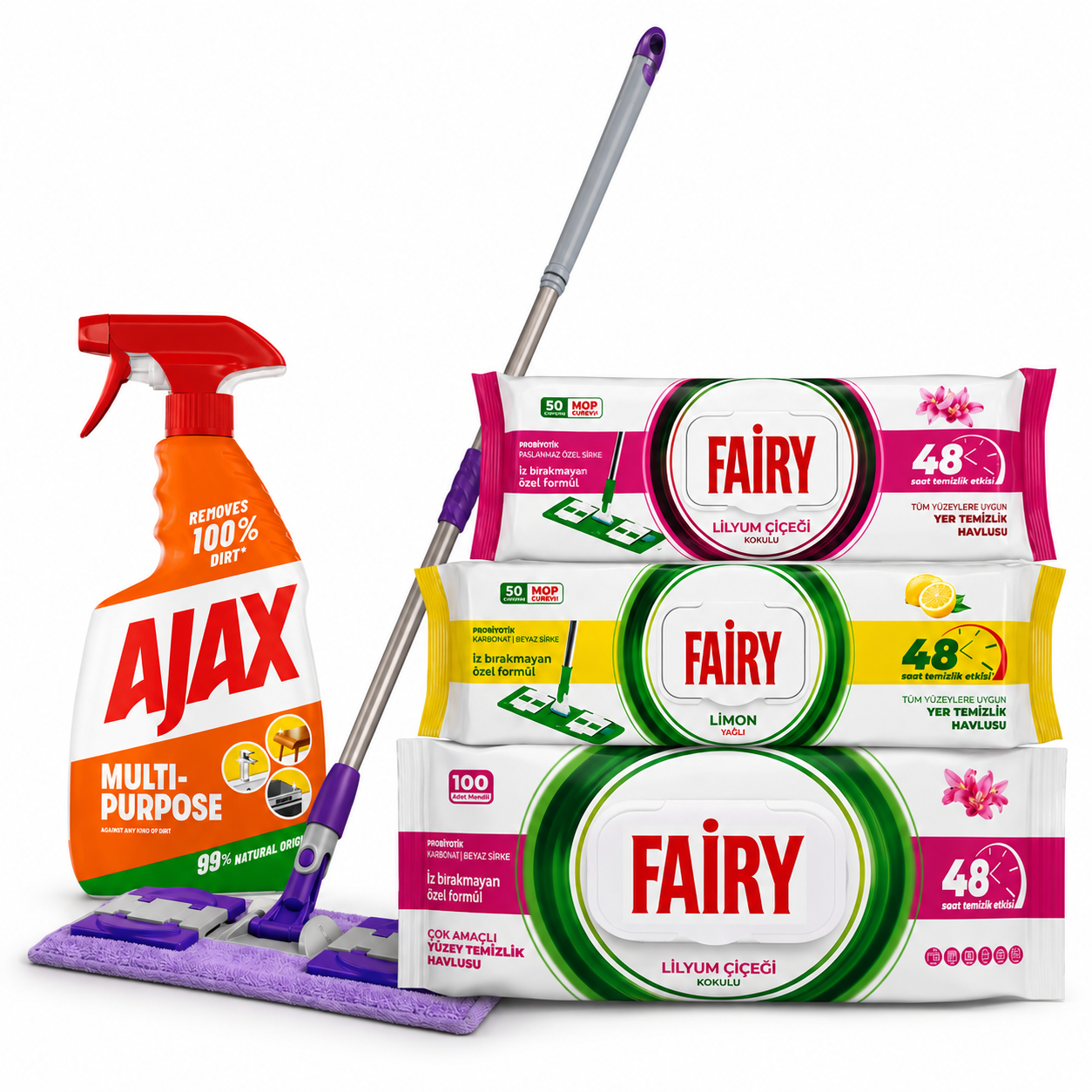 FAIRY + AJAX set za čišćenje doma sa mopom i vlažnim maramicama 5u1