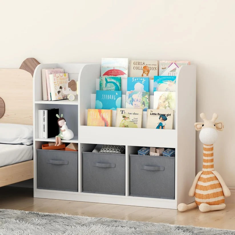 DJečiji organizator KINDER HOME, polica za knjige sa policama za igračke i knjige, 3 tekstilne kutije, drveni, beli, 92x30x80 cm, Montesori