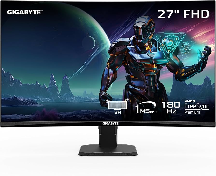 Gigabyte Monitor GS27FC EU1, 27" FHD VA Curved 1500R, 180Hz, 1ms, HDR Ready, Anti-Glare, 2x HDMI, DP, VESA, AMD FreeSync