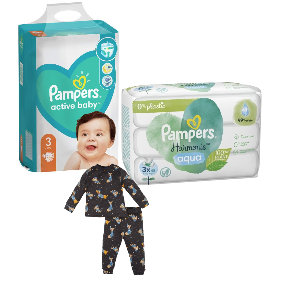 Pampers Pelene Active baby 3, MB, 6-10kg, 152/1+Pampers Vlažne maramice Harmonie, 3x48 komada+DeFacto Pidžama za dečake, Tamnosiva