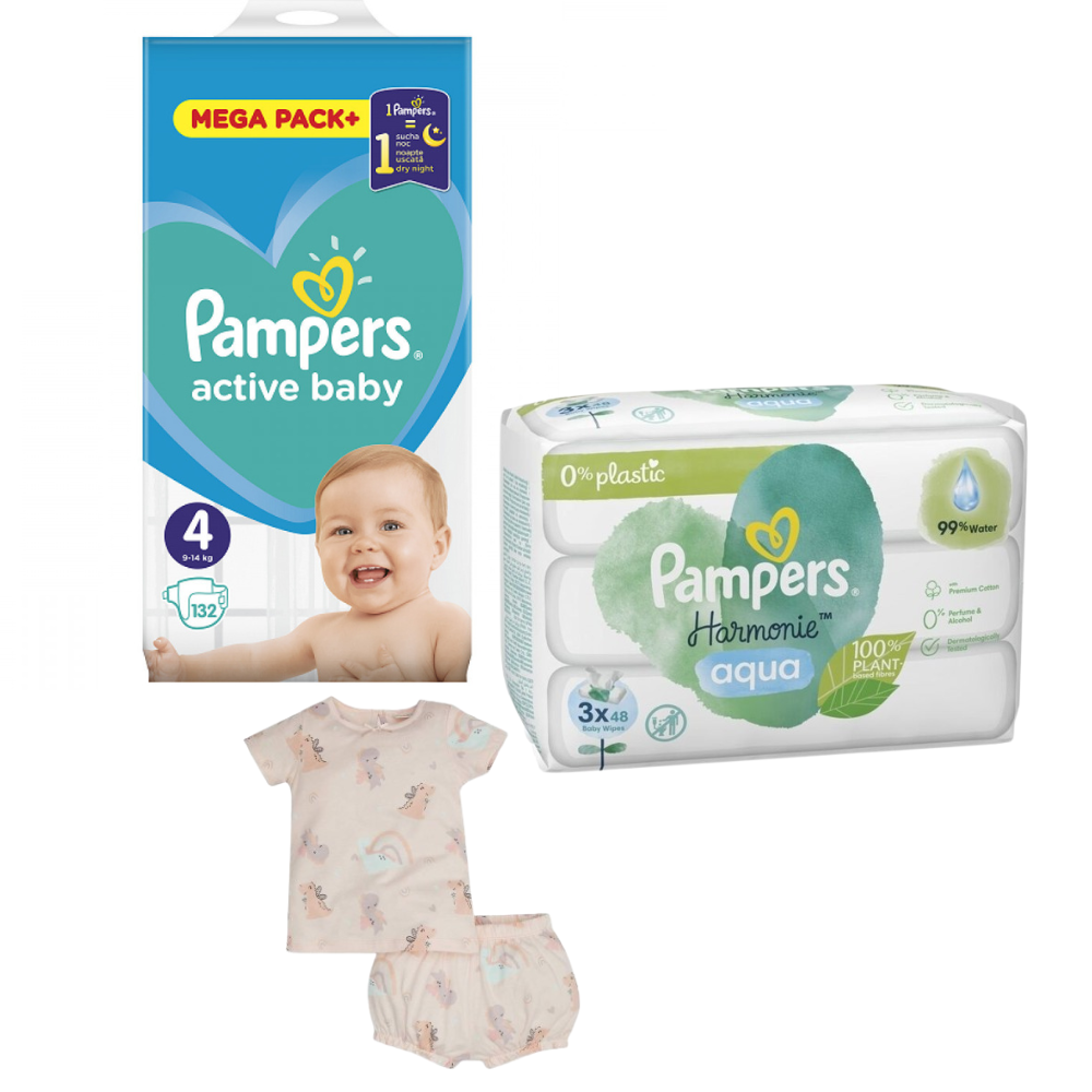 Pampers Pelene Active baby 4, MB, 9-14 kg, 132/1+Pampers Vlažne maramice Harmonie, 3x48 komada+DeFacto Pidžama za devojčice, Svetloroze