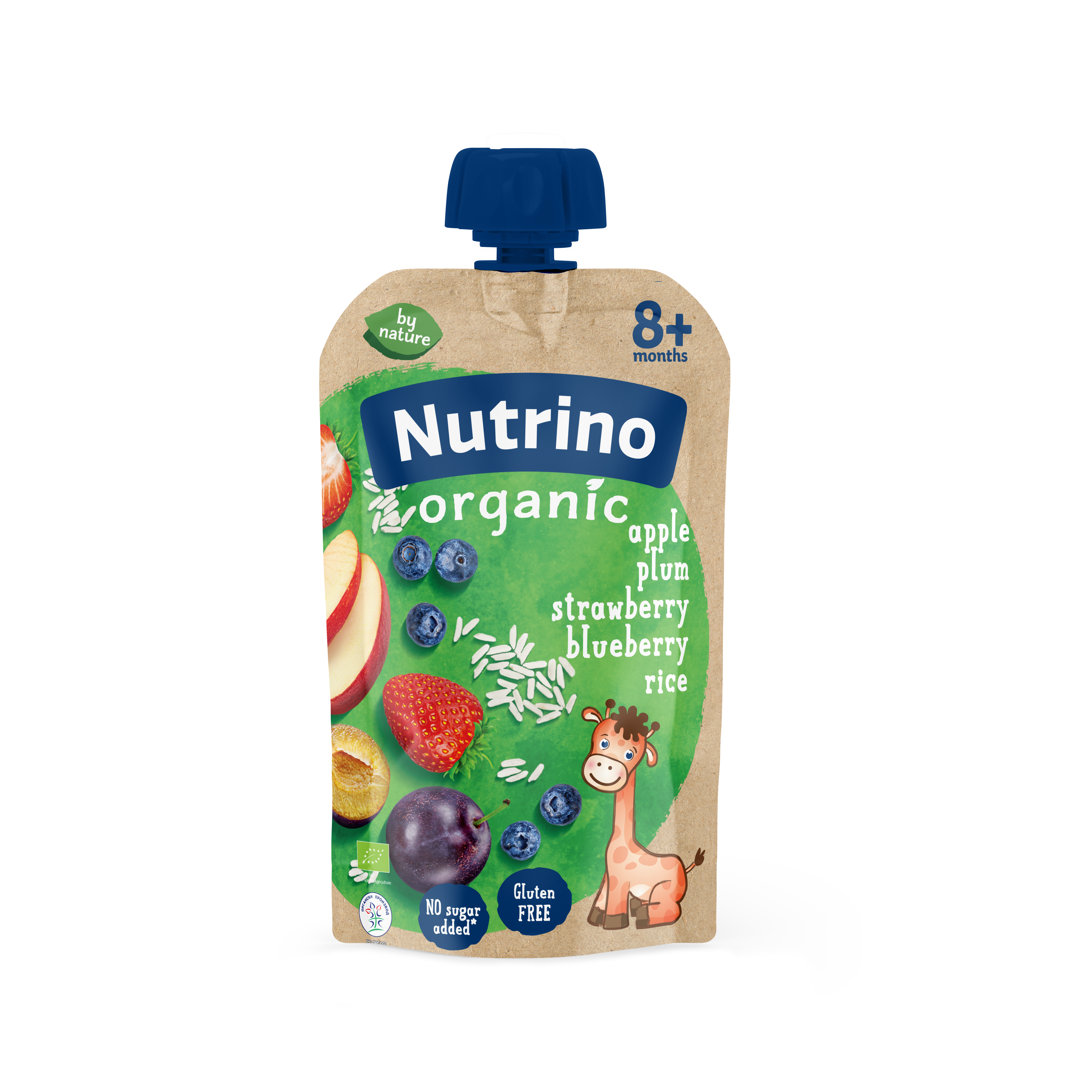 organic voćna kašica - jabuke, šljive, jagode i borovnice sa pirinčem i dodatkom vitamina C, od 8. meseca, 100 g
