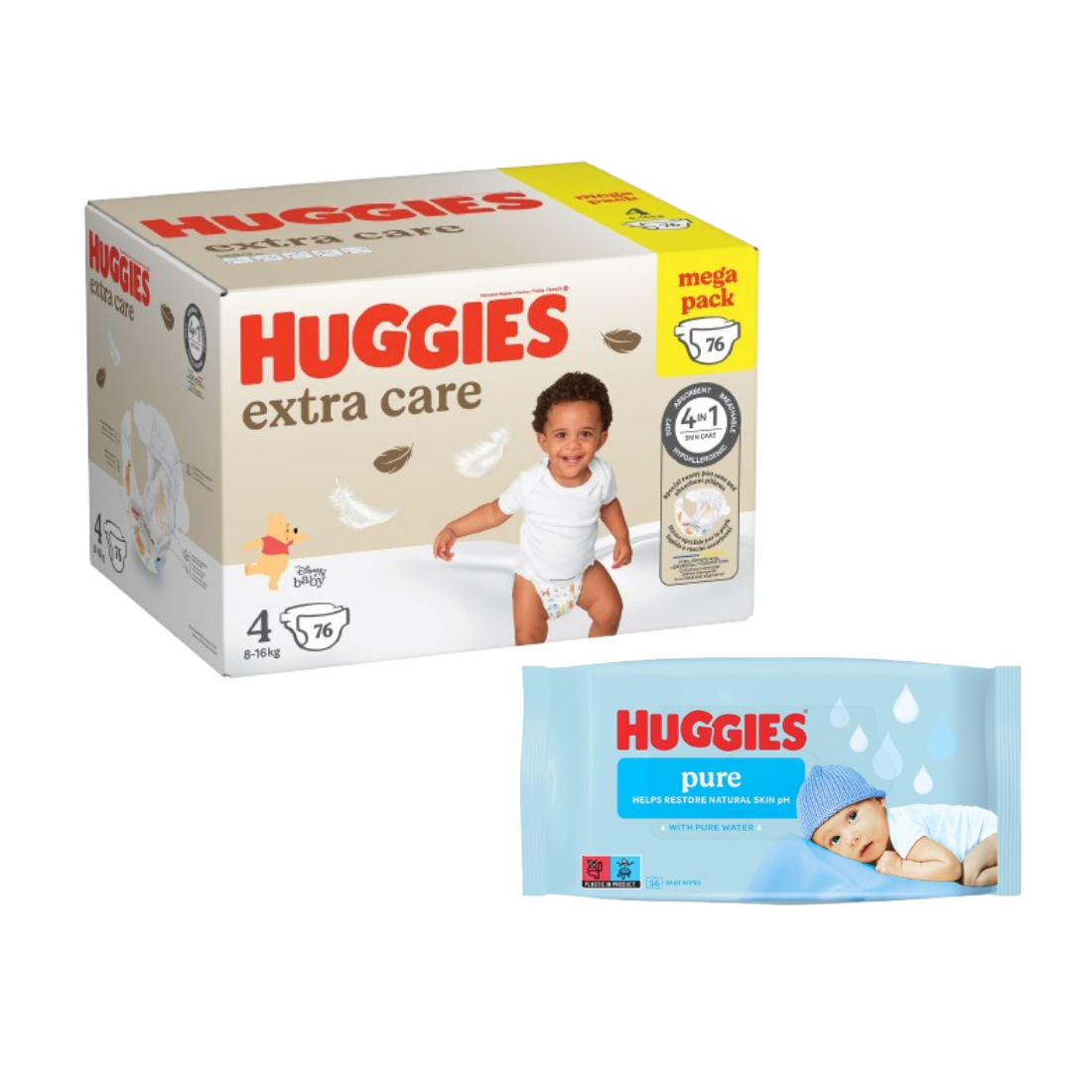 Huggies Pelene Extra Care Box 4, 8-16kg, 76 komada+Vlažne maramice Pure, 56 komada